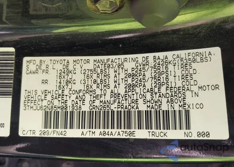 2005 Toyota Tacoma Prerunner V6 z USA, uszkodzony, nr VIN 3TMJU62N85M001938